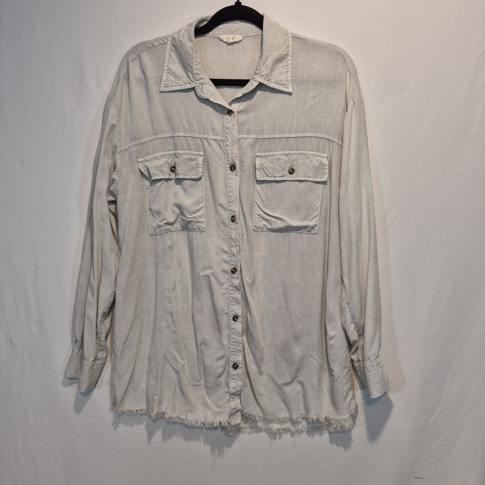 Easel Los Angeles Chambray Womens Sm Distressed Shirt Boho Chic Coastal Grandma